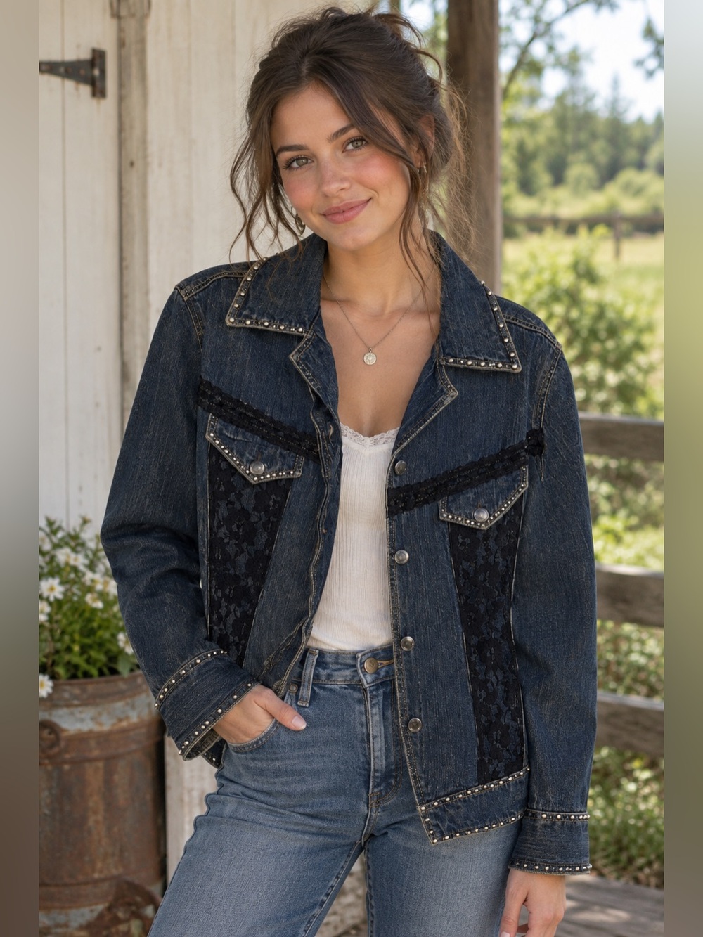 Vintage Denim Studded Jean Jacket Black Lace 90s classic festival Denim Jacket